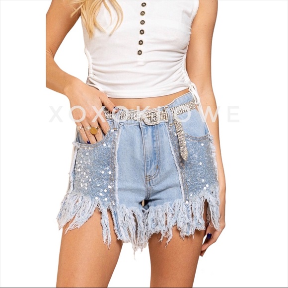 Bling Bling Sequin Denim Fringe Shorts - Picture 7 of 15